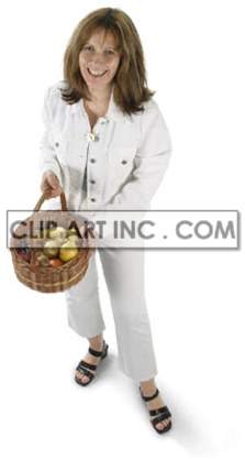A woman wearing a white outfit and holding a wicker basket filled with fruits.