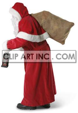 Clipart image of a person dressed in a Santa Claus costume, carrying a large sack over their shoulder and holding a lantern.