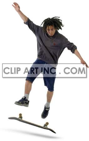 The image shows a young man with dreadlocks jumping on a skateboard. He is wearing blue shorts and has his feet up in the air. The skateboard is underneath him, upside down, appearing to be part way through a skate trick