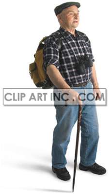 An elderly man with a walking stick, wearing a flat cap, checkered shirt, jeans, and carrying a backpack with binoculars around his neck.