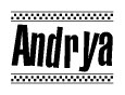   The image contains the text Andrya in a bold, stylized font, with a checkered flag pattern bordering the top and bottom of the text. 