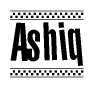 The image contains the text Ashiq in a bold, stylized font, with a checkered flag pattern bordering the top and bottom of the text.