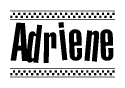 The image contains the text Adriene in a bold, stylized font, with a checkered flag pattern bordering the top and bottom of the text.