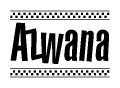 The image is a black and white clipart of the text Azwana in a bold, italicized font. The text is bordered by a dotted line on the top and bottom, and there are checkered flags positioned at both ends of the text, usually associated with racing or finishing lines.