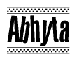 The image is a black and white clipart of the text Abhyta in a bold, italicized font. The text is bordered by a dotted line on the top and bottom, and there are checkered flags positioned at both ends of the text, usually associated with racing or finishing lines.