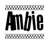 The clipart image displays the text Ambie in a bold, stylized font. It is enclosed in a rectangular border with a checkerboard pattern running below and above the text, similar to a finish line in racing. 