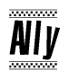 The image contains the text Ally in a bold, stylized font, with a checkered flag pattern bordering the top and bottom of the text.