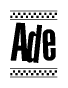 The image is a black and white clipart of the text Ade in a bold, italicized font. The text is bordered by a dotted line on the top and bottom, and there are checkered flags positioned at both ends of the text, usually associated with racing or finishing lines.
