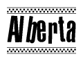 The image contains the text Alberta in a bold, stylized font, with a checkered flag pattern bordering the top and bottom of the text.