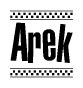 The image contains the text Arek in a bold, stylized font, with a checkered flag pattern bordering the top and bottom of the text.