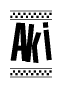 The image is a black and white clipart of the text Aki in a bold, italicized font. The text is bordered by a dotted line on the top and bottom, and there are checkered flags positioned at both ends of the text, usually associated with racing or finishing lines.