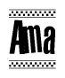 The image is a black and white clipart of the text Ama in a bold, italicized font. The text is bordered by a dotted line on the top and bottom, and there are checkered flags positioned at both ends of the text, usually associated with racing or finishing lines.