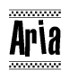 The image contains the text Aria in a bold, stylized font, with a checkered flag pattern bordering the top and bottom of the text.