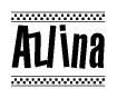 The image is a black and white clipart of the text Azlina in a bold, italicized font. The text is bordered by a dotted line on the top and bottom, and there are checkered flags positioned at both ends of the text, usually associated with racing or finishing lines.
