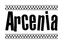 The image is a black and white clipart of the text Arcenia in a bold, italicized font. The text is bordered by a dotted line on the top and bottom, and there are checkered flags positioned at both ends of the text, usually associated with racing or finishing lines.