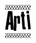 The image is a black and white clipart of the text Arti in a bold, italicized font. The text is bordered by a dotted line on the top and bottom, and there are checkered flags positioned at both ends of the text, usually associated with racing or finishing lines.