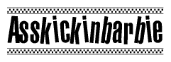 The clipart image displays the text Asskickinbarbie in a bold, stylized font. It is enclosed in a rectangular border with a checkerboard pattern running below and above the text, similar to a finish line in racing. 