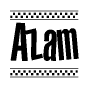 The image contains the text Azam in a bold, stylized font, with a checkered flag pattern bordering the top and bottom of the text.