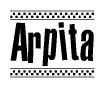 The image is a black and white clipart of the text Arpita in a bold, italicized font. The text is bordered by a dotted line on the top and bottom, and there are checkered flags positioned at both ends of the text, usually associated with racing or finishing lines.