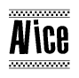 The image is a black and white clipart of the text Alice in a bold, italicized font. The text is bordered by a dotted line on the top and bottom, and there are checkered flags positioned at both ends of the text, usually associated with racing or finishing lines.