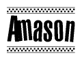 The image is a black and white clipart of the text Amason in a bold, italicized font. The text is bordered by a dotted line on the top and bottom, and there are checkered flags positioned at both ends of the text, usually associated with racing or finishing lines.