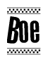 The image contains the text Boe in a bold, stylized font, with a checkered flag pattern bordering the top and bottom of the text.