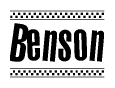 The image contains the text Benson in a bold, stylized font, with a checkered flag pattern bordering the top and bottom of the text.