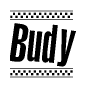 The image contains the text Budy in a bold, stylized font, with a checkered flag pattern bordering the top and bottom of the text.