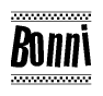 The clipart image displays the text Bonni in a bold, stylized font. It is enclosed in a rectangular border with a checkerboard pattern running below and above the text, similar to a finish line in racing. 
