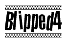The image is a black and white clipart of the text Blipped4 in a bold, italicized font. The text is bordered by a dotted line on the top and bottom, and there are checkered flags positioned at both ends of the text, usually associated with racing or finishing lines.