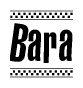 The image contains the text Bara in a bold, stylized font, with a checkered flag pattern bordering the top and bottom of the text.