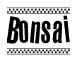 The image is a black and white clipart of the text Bonsai in a bold, italicized font. The text is bordered by a dotted line on the top and bottom, and there are checkered flags positioned at both ends of the text, usually associated with racing or finishing lines.