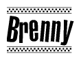 The image is a black and white clipart of the text Brenny in a bold, italicized font. The text is bordered by a dotted line on the top and bottom, and there are checkered flags positioned at both ends of the text, usually associated with racing or finishing lines.
