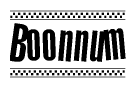 The image is a black and white clipart of the text Boonnum in a bold, italicized font. The text is bordered by a dotted line on the top and bottom, and there are checkered flags positioned at both ends of the text, usually associated with racing or finishing lines.