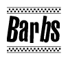 The clipart image displays the text Barbs in a bold, stylized font. It is enclosed in a rectangular border with a checkerboard pattern running below and above the text, similar to a finish line in racing. 