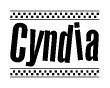 The image is a black and white clipart of the text Cyndia in a bold, italicized font. The text is bordered by a dotted line on the top and bottom, and there are checkered flags positioned at both ends of the text, usually associated with racing or finishing lines.