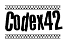 The image contains the text Codex42 in a bold, stylized font, with a checkered flag pattern bordering the top and bottom of the text.