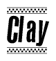 The image is a black and white clipart of the text Clay in a bold, italicized font. The text is bordered by a dotted line on the top and bottom, and there are checkered flags positioned at both ends of the text, usually associated with racing or finishing lines.