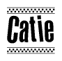 The image contains the text Catie in a bold, stylized font, with a checkered flag pattern bordering the top and bottom of the text.