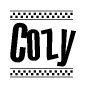 The clipart image displays the text Cozy in a bold, stylized font. It is enclosed in a rectangular border with a checkerboard pattern running below and above the text, similar to a finish line in racing. 