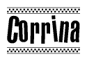 The image contains the text Corrina in a bold, stylized font, with a checkered flag pattern bordering the top and bottom of the text.