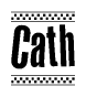 The image is a black and white clipart of the text Cath in a bold, italicized font. The text is bordered by a dotted line on the top and bottom, and there are checkered flags positioned at both ends of the text, usually associated with racing or finishing lines.