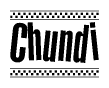 The clipart image displays the text Chundi in a bold, stylized font. It is enclosed in a rectangular border with a checkerboard pattern running below and above the text, similar to a finish line in racing. 