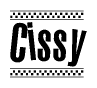 The image contains the text Cissy in a bold, stylized font, with a checkered flag pattern bordering the top and bottom of the text.