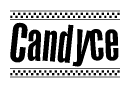 The image contains the text Candyce in a bold, stylized font, with a checkered flag pattern bordering the top and bottom of the text.