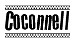The clipart image displays the text Coconnell in a bold, stylized font. It is enclosed in a rectangular border with a checkerboard pattern running below and above the text, similar to a finish line in racing. 