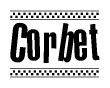 The image contains the text Corbet in a bold, stylized font, with a checkered flag pattern bordering the top and bottom of the text.