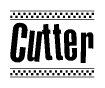 The image is a black and white clipart of the text Cutter in a bold, italicized font. The text is bordered by a dotted line on the top and bottom, and there are checkered flags positioned at both ends of the text, usually associated with racing or finishing lines.
