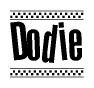 The image contains the text Dodie in a bold, stylized font, with a checkered flag pattern bordering the top and bottom of the text.