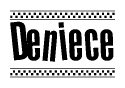 The image is a black and white clipart of the text Deniece in a bold, italicized font. The text is bordered by a dotted line on the top and bottom, and there are checkered flags positioned at both ends of the text, usually associated with racing or finishing lines.